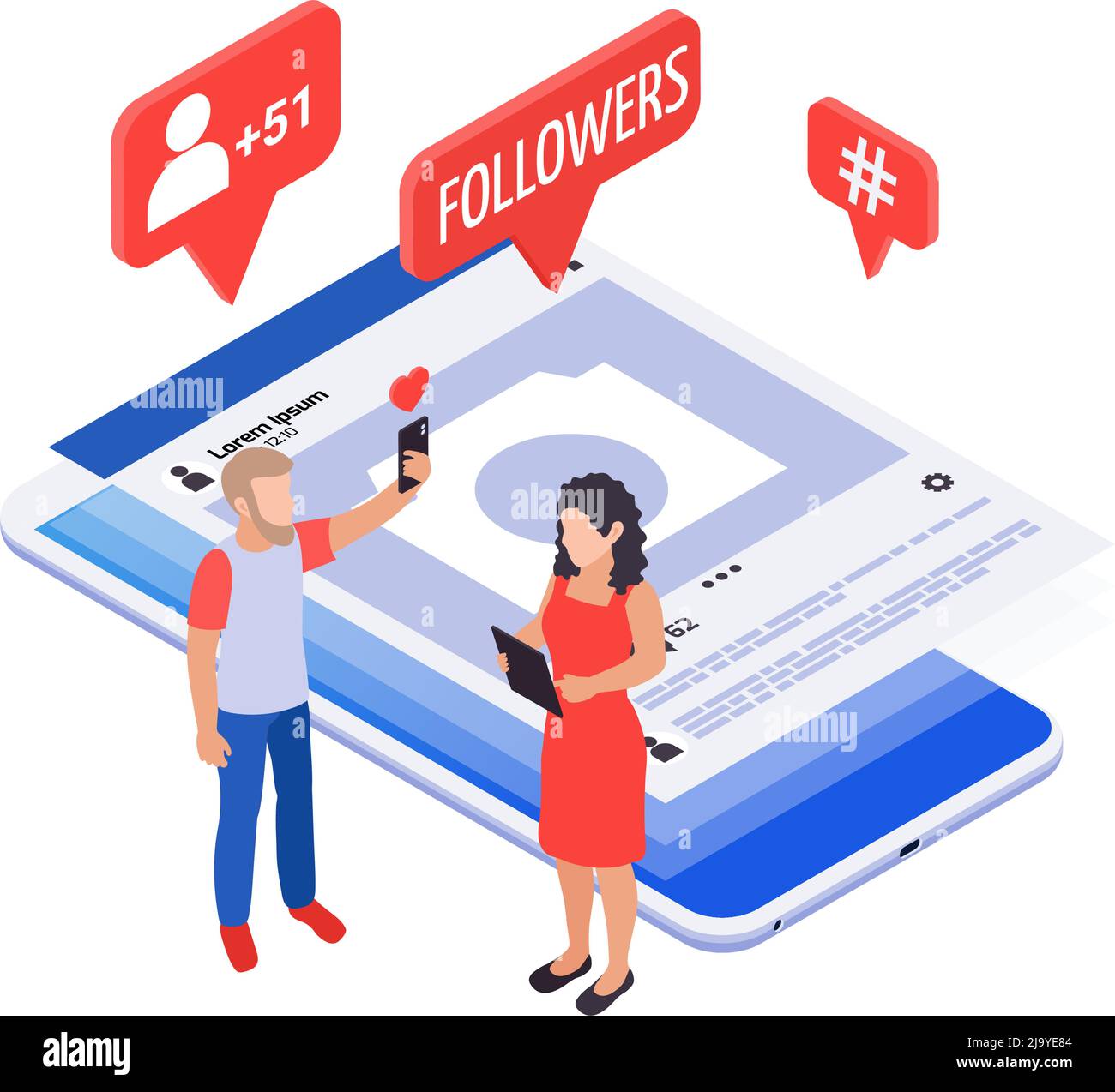 Social media isometric concept with notification icons smartphone and characters of followers vector illustration Stock Vector