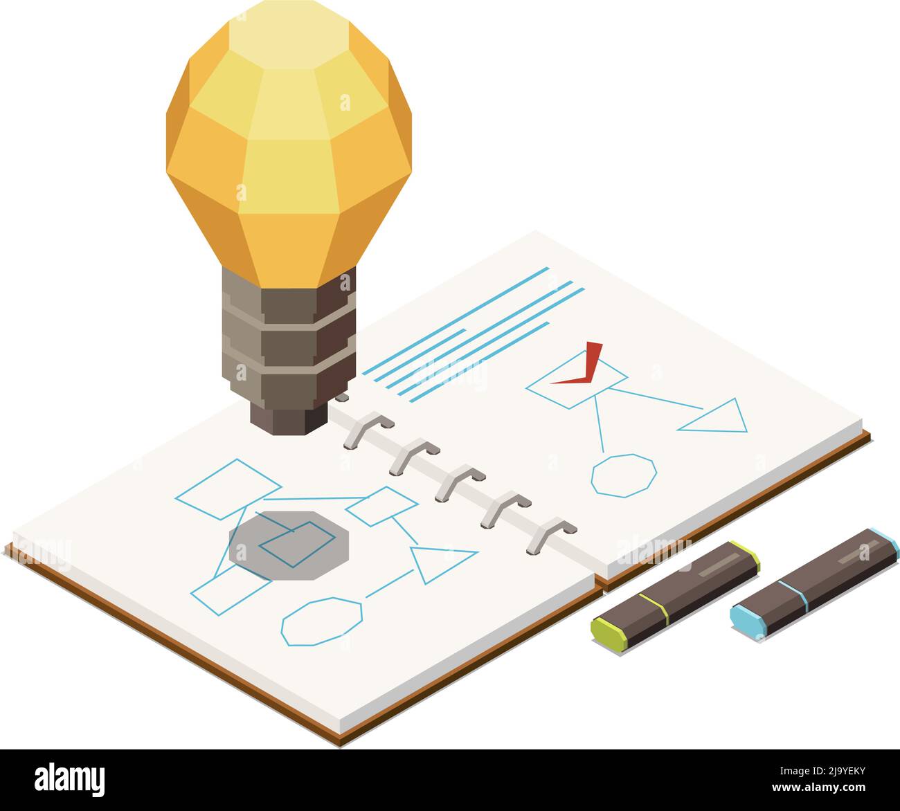 Marketing strategy concept icon with charts in notepad markers light bulb isometric vector illustration Stock Vector