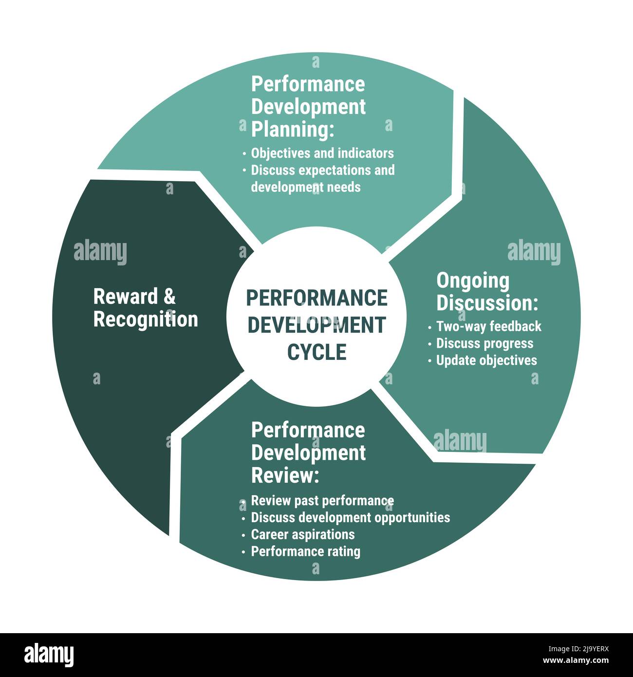 Performance development cycle scheme. Methodology circle diagram with planning, ongoing discussion, review, reward and recognition. Green on white bac Stock Vector