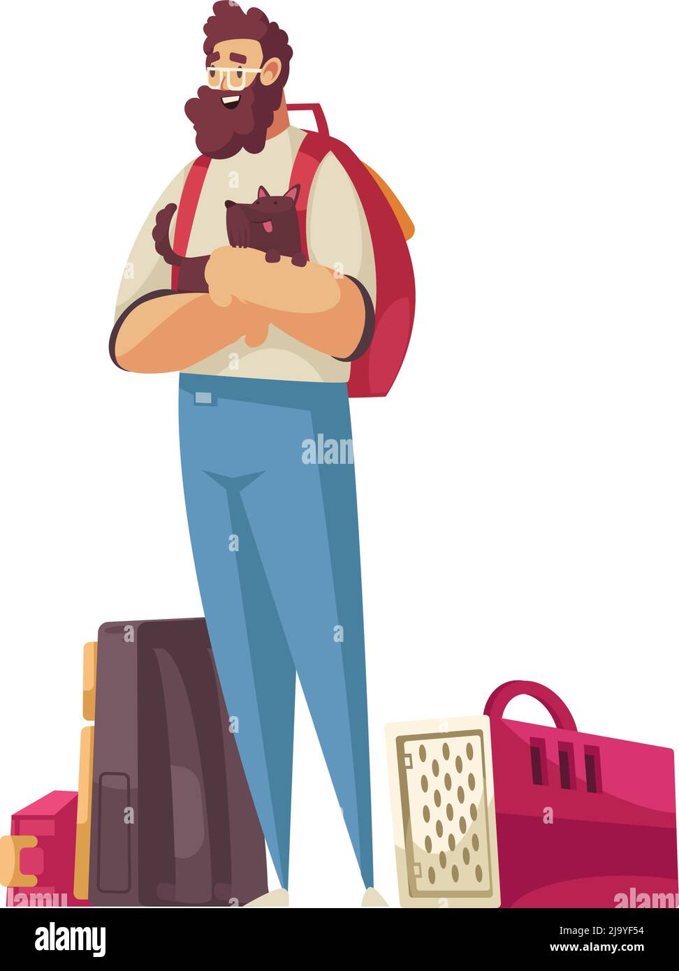 Cartoon happy man with small dog pet carrier and backpacks vector illustration Stock Vector