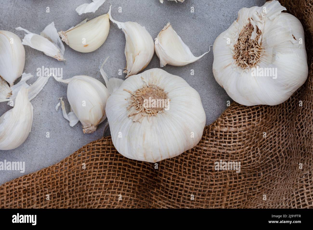 garlic bulb and cloves on rustic and mottled gray surface Stock Photo ...