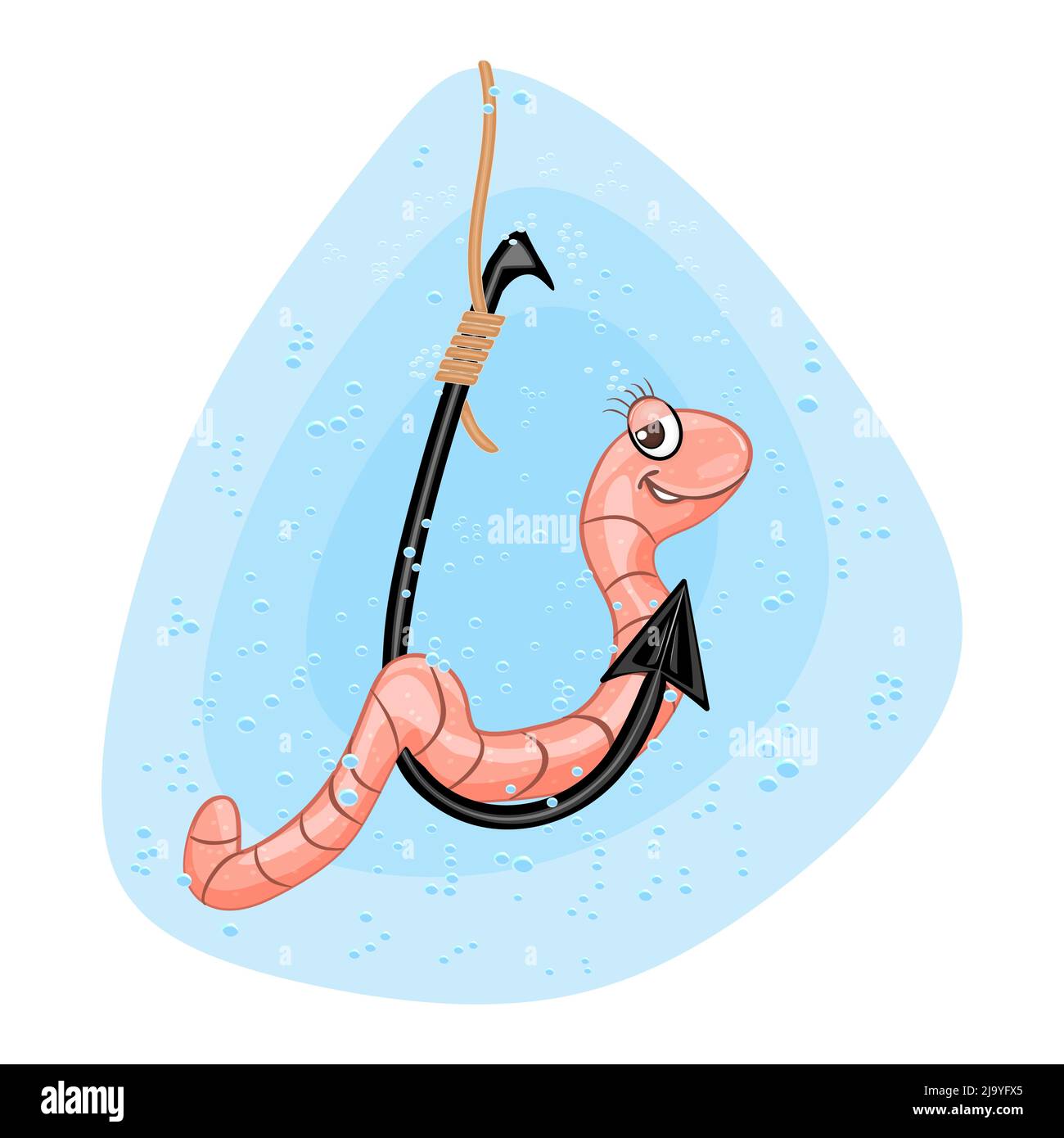 Earthworm on hook. Cartoon earthworm, fishhook, water and bubbles. Fishing bait concept. Funny cute worm hanging from fishing hook.Vector illustration Stock Vector