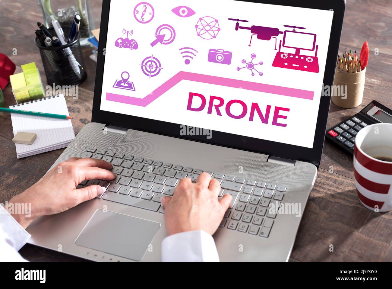Drone concept shown on a laptop screen Stock Photo