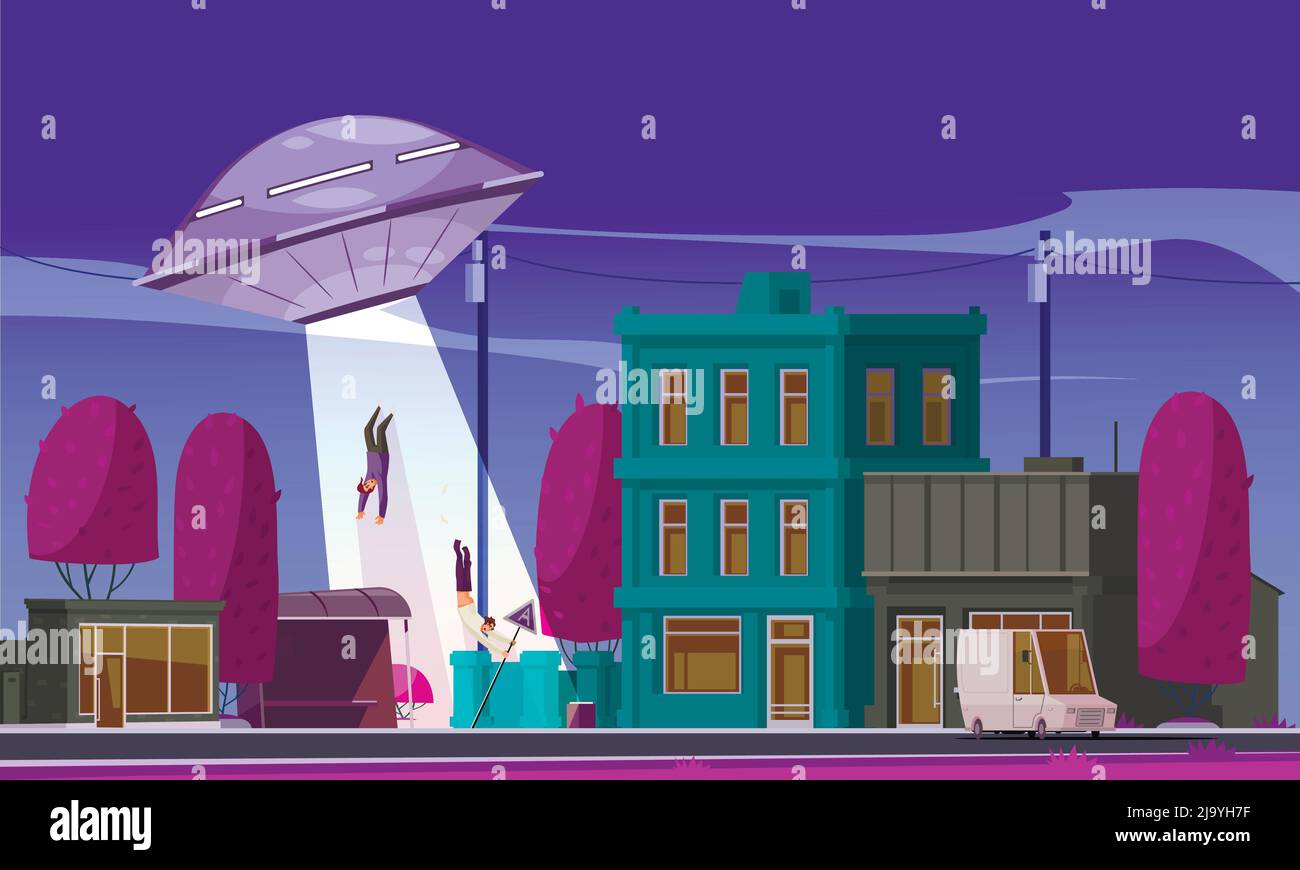 Alien ufo abduction composition with view of town street with houses