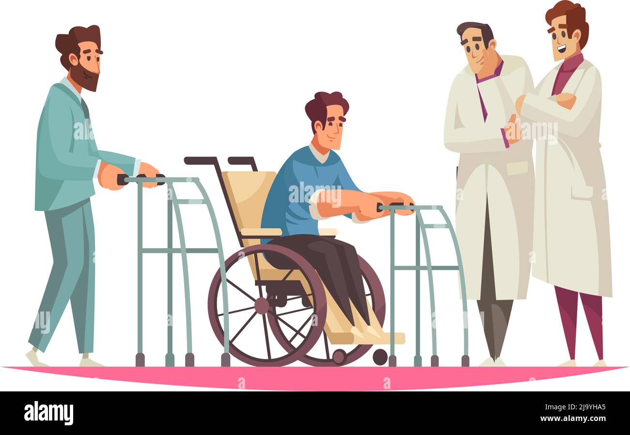 Cartoon physiotherapy composition with patient in wheelchair and physiotherapists vector illustration Stock Vector