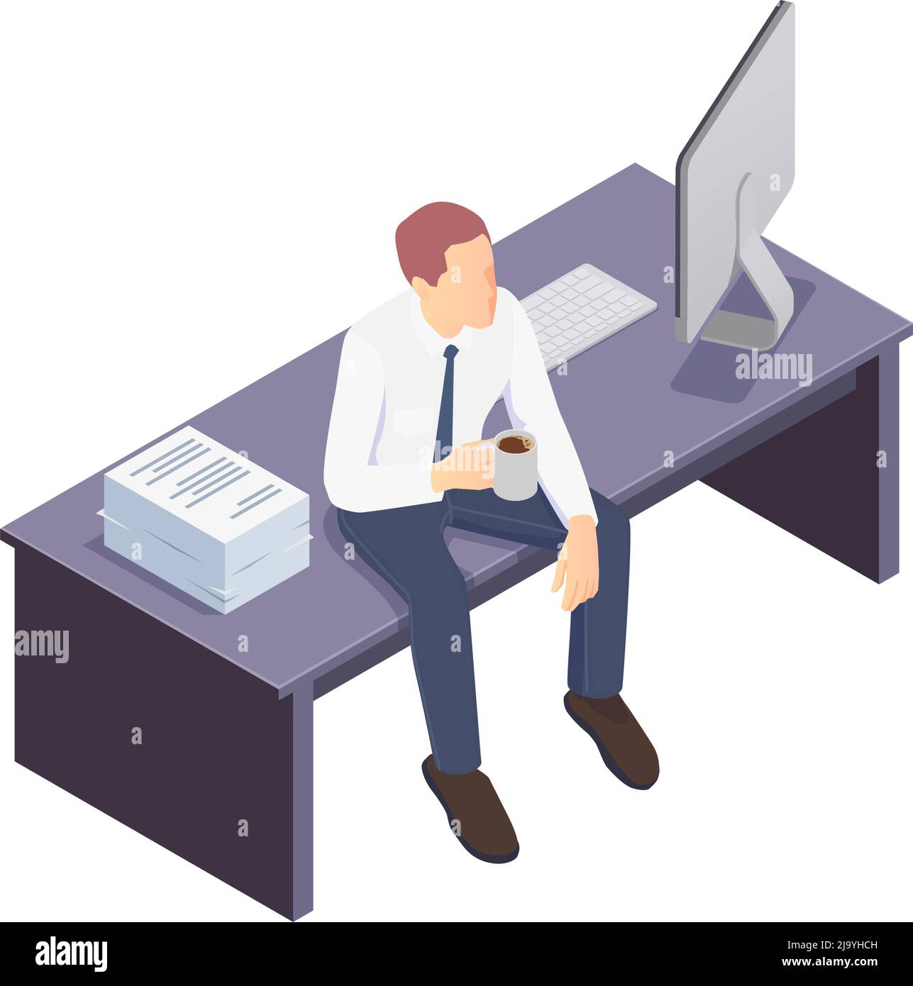 Isometric icon with bored officer worker sitting on his desk and ...