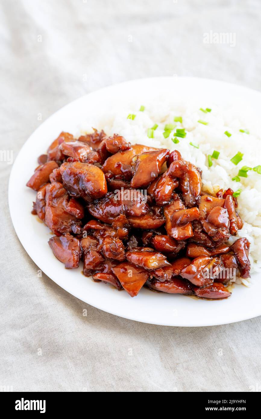 Homemade Teriyaki Chicken with White Rice on A Plate, side view. Close ...