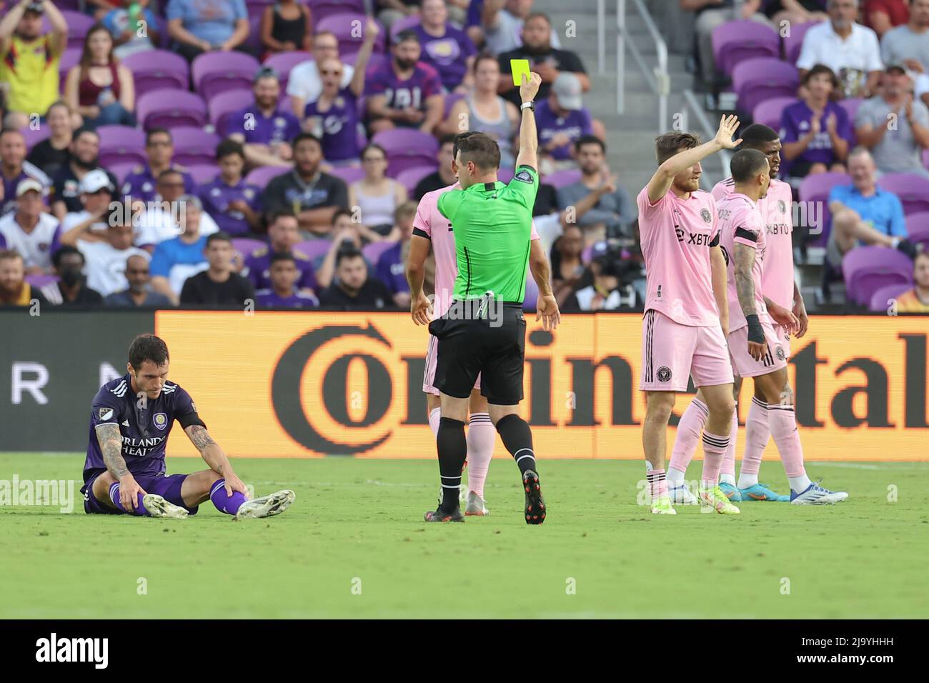 Orlando, FL: Inter Miami midfielder Gregore (26) receives a yellow card during the Lamar Hunt U.S. Cup Round of 16 game against the Orlando City, Wedn Stock Photo