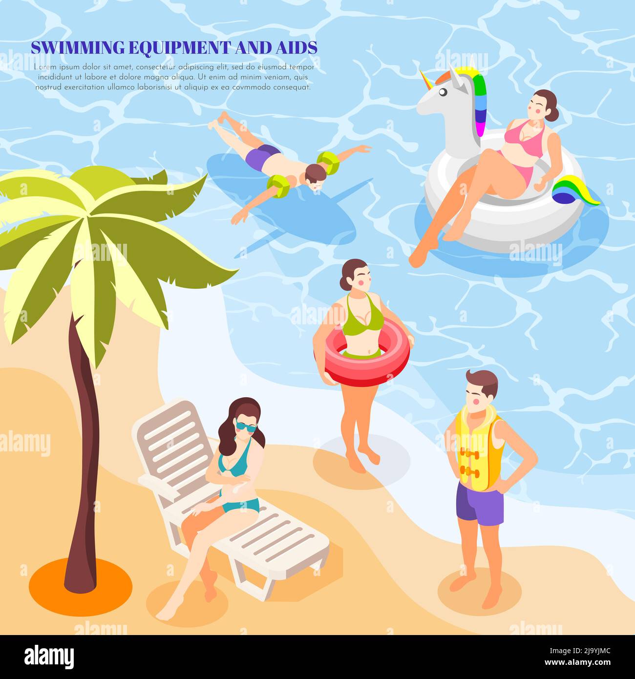 Men and women swimming in sea with different aids arm band ring vest