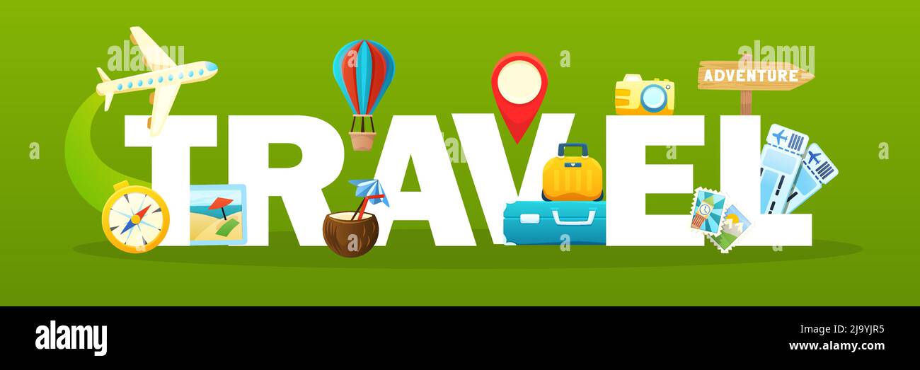 World tourism horizontal background with travel text and trip icons ...