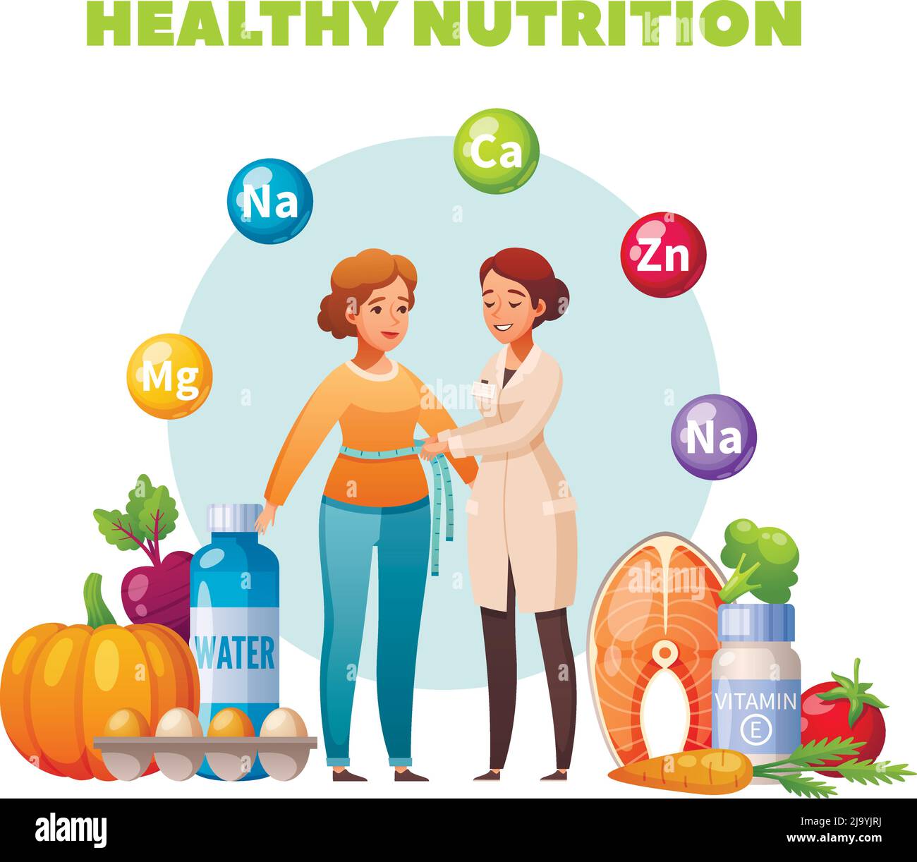Healthy nutrition dietitian flat composition with body