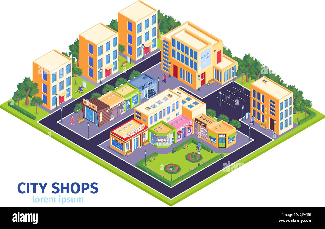 Isometric shops city composition with view of town district and modern buildings houses with street stores vector illustration Stock Vector