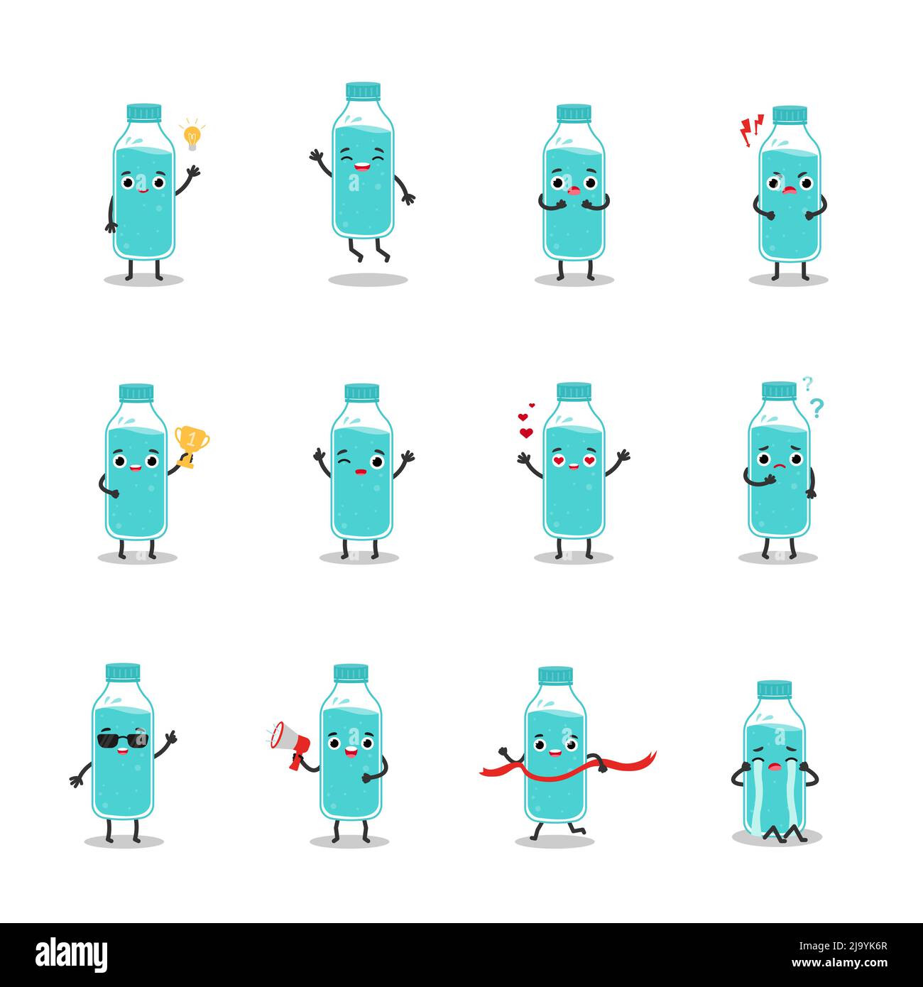 Bottle of water set emotions characters. Flat vector illustration Stock