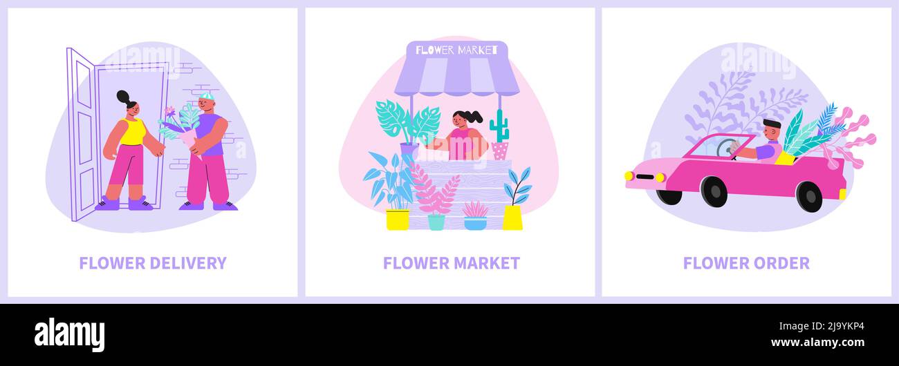 Floristry set with three flat compositions of text captions and human