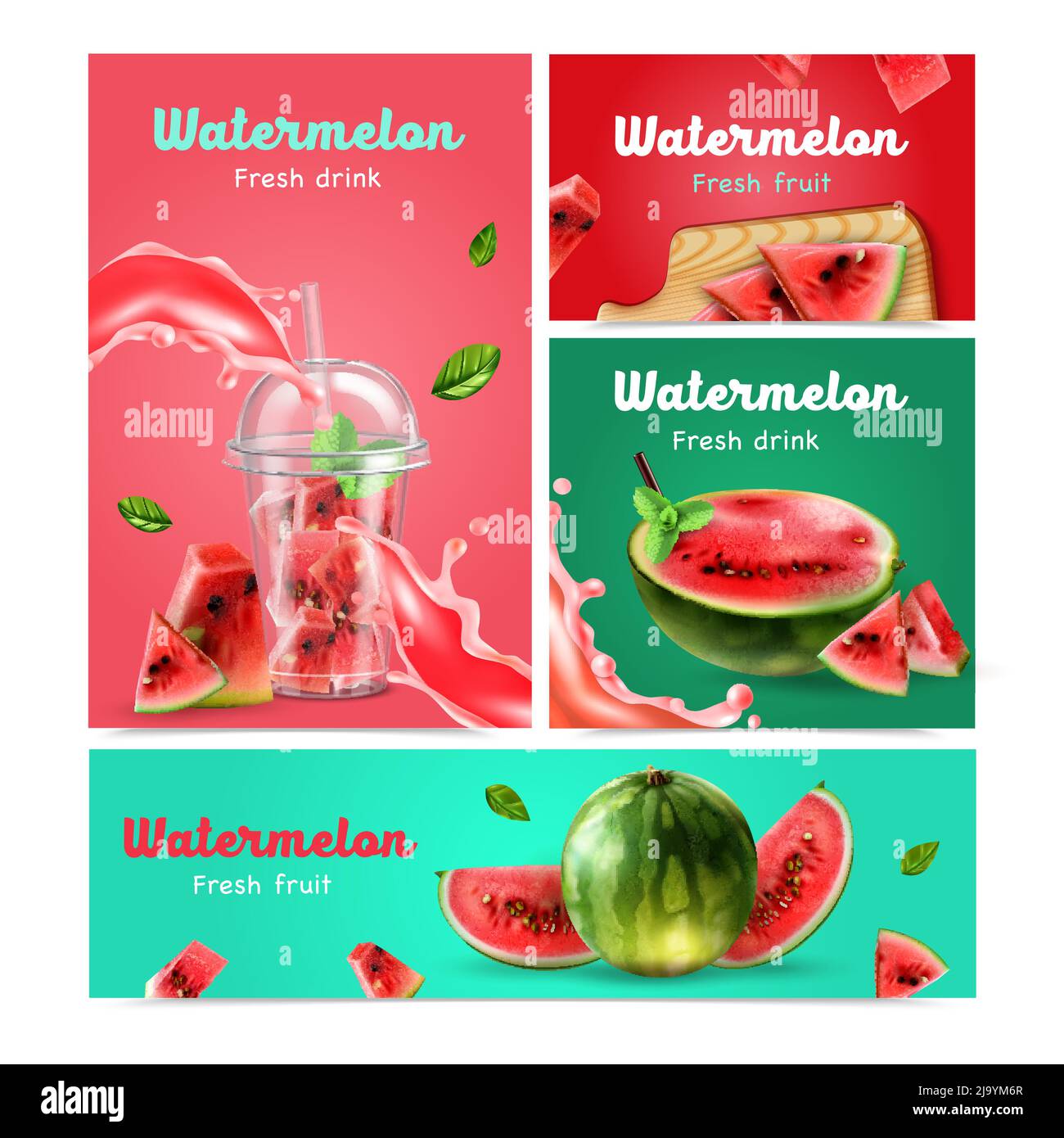 Fresh fruits and drinks from watermelon realistic banners set with realistic images of red ripe tasty berries vector illustration Stock Vector