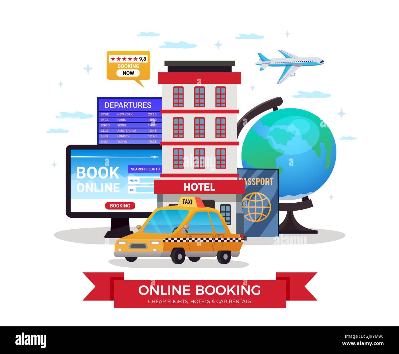 Travel tourism booking composition with online booking headline of taxi