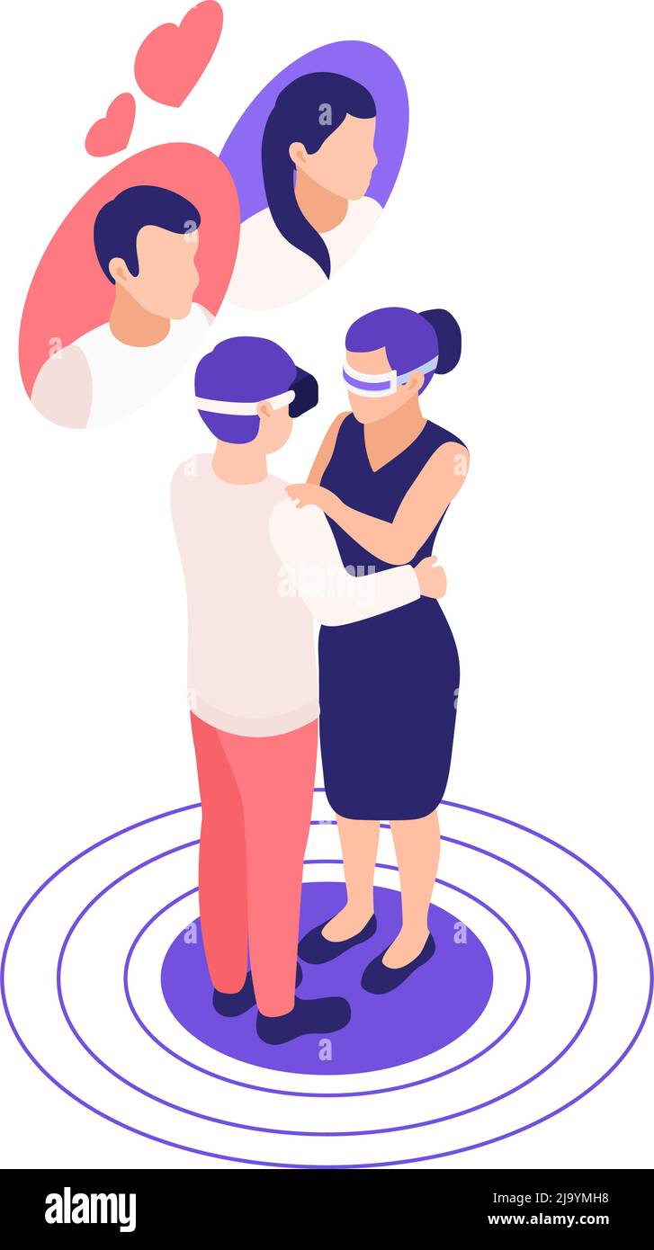 Virtual relationships online dating isometric composition with embracing couple wearing vr glasses vector illustration Stock Vector