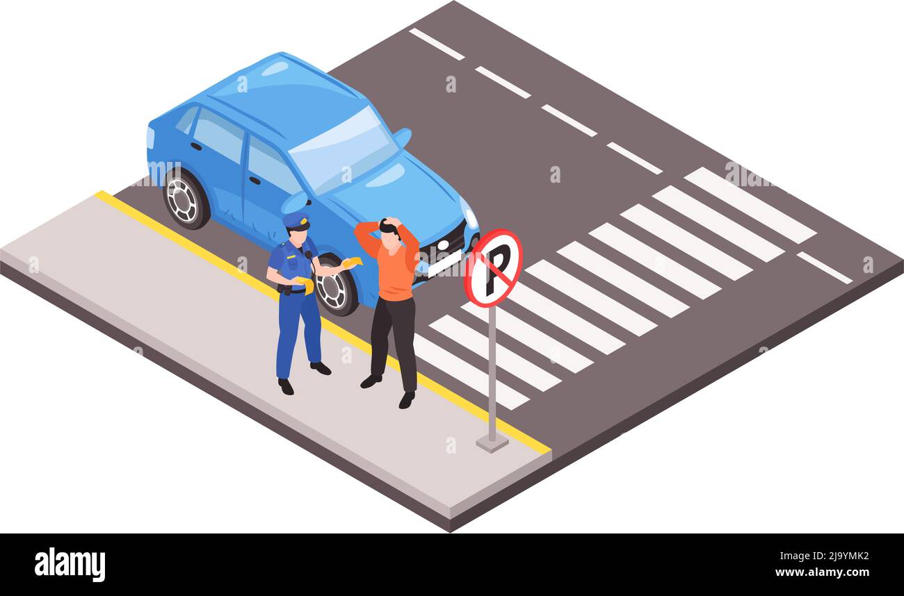 Policeman giving ticket to man for parking violation 3d isometric vector illustration Stock Vector