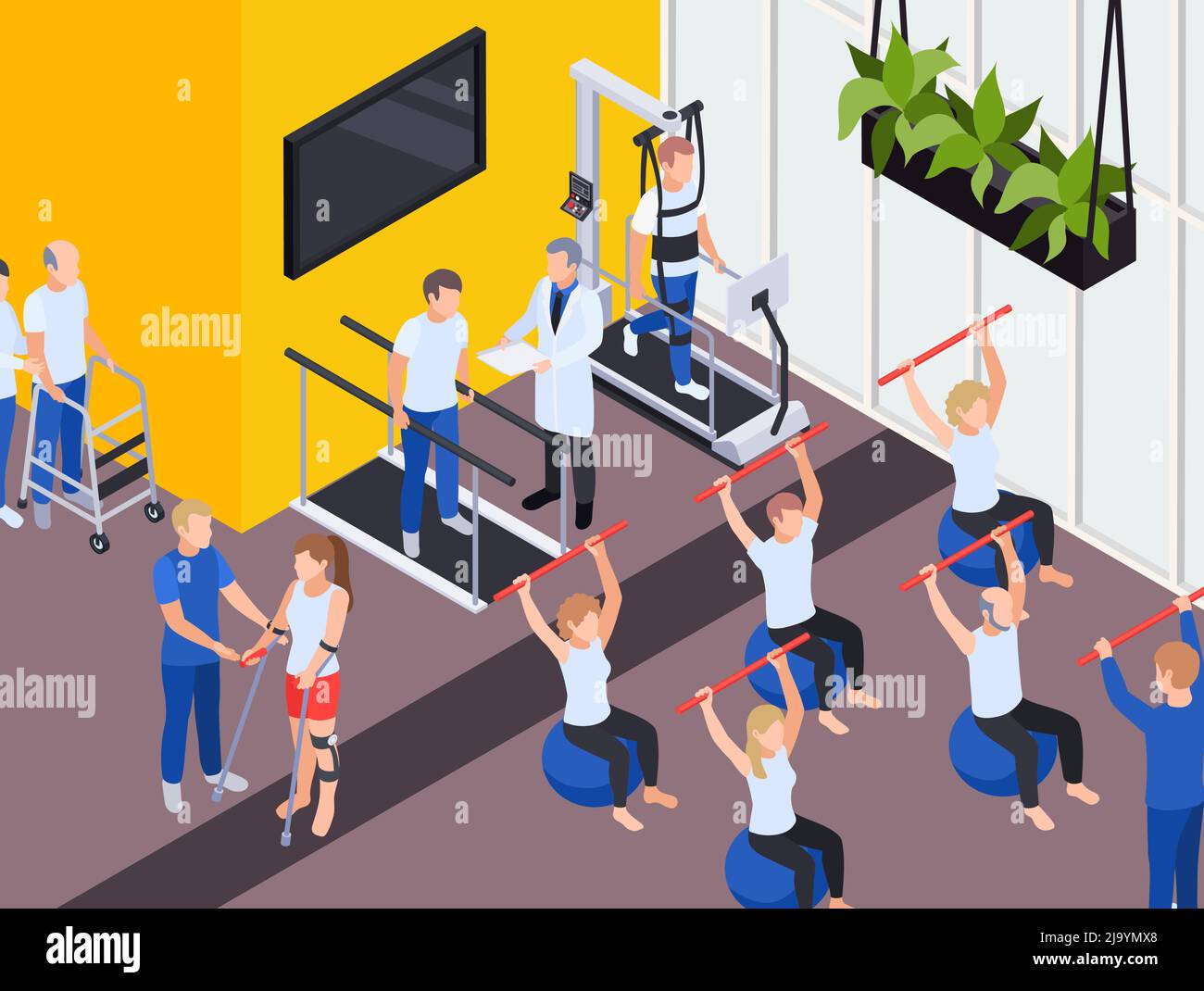 Individual and group functional rehabilitation exercise programs physiotherapy treatment session medical center interior isometric composition vector Stock Vector