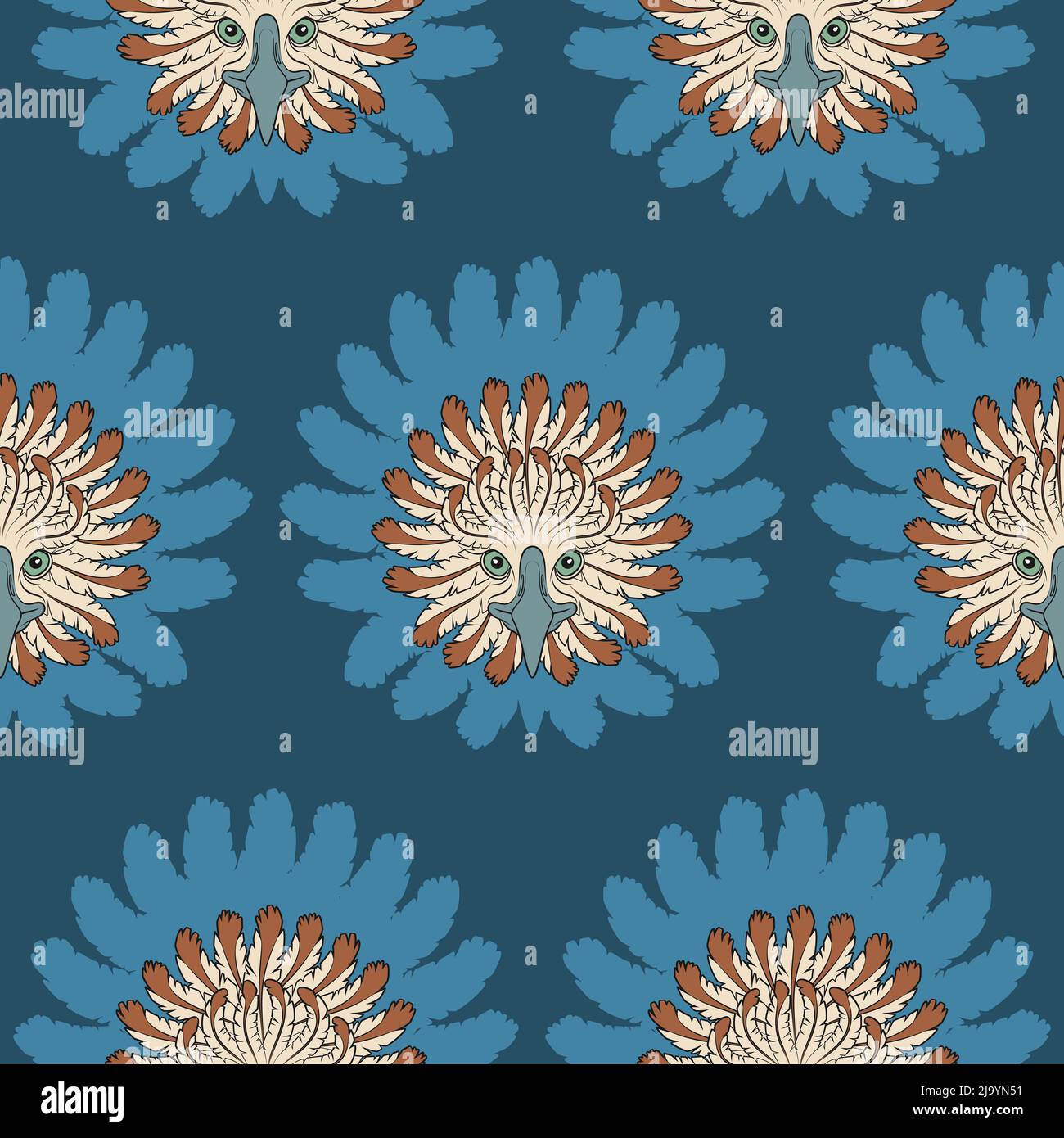 Seamless pattern with eagle head and feathers. Abstract color vector background. Stock Vector