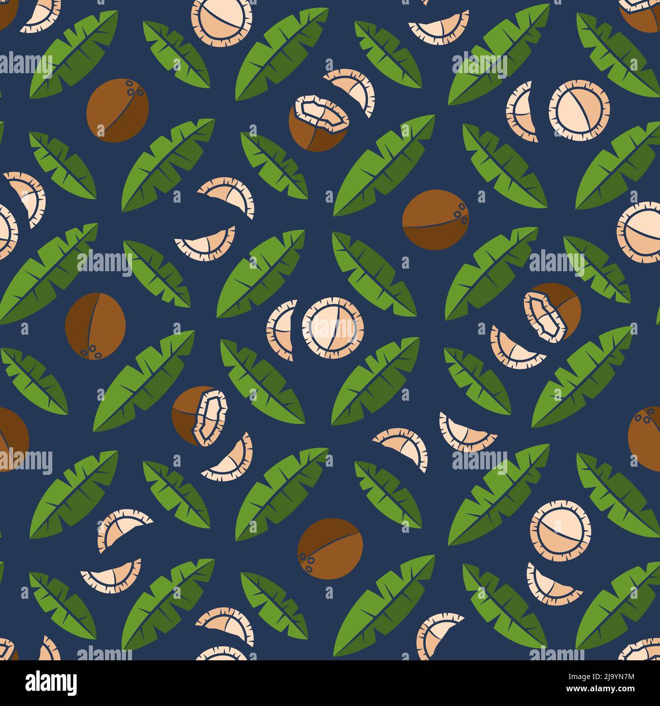 Seamless pattern with palm leaves and coconuts. Tropical vector background with isolated objects. Stock Vector