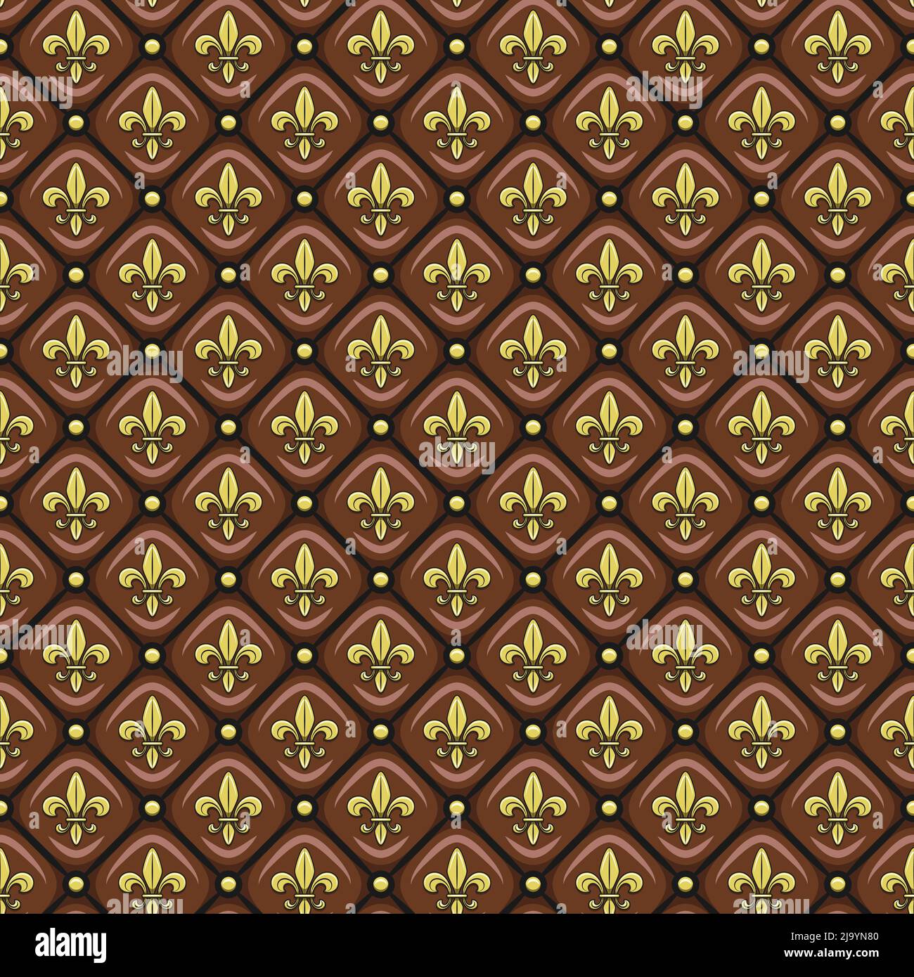 Seamless pattern with brown leather upholstery, golden fleur de lis. Vector background. Stock Vector