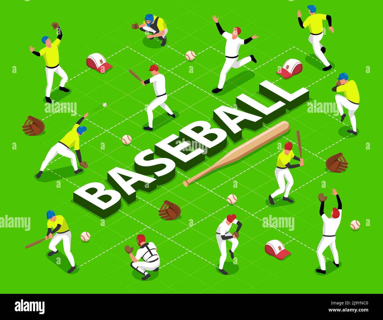 Isometric flowchart with baseball players and game equipment 3d vector illustration Stock Vector