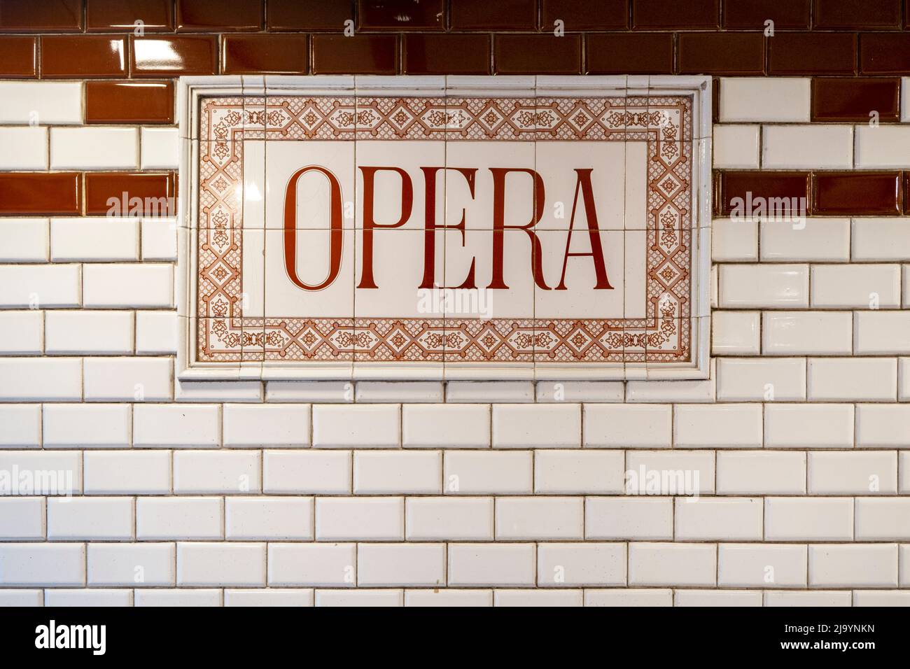 BUDAPEST - JAN 19: Historical old sign board with OPERA word at the Opera metro station in Budapest, January 19. 2022 in Hungary Stock Photo