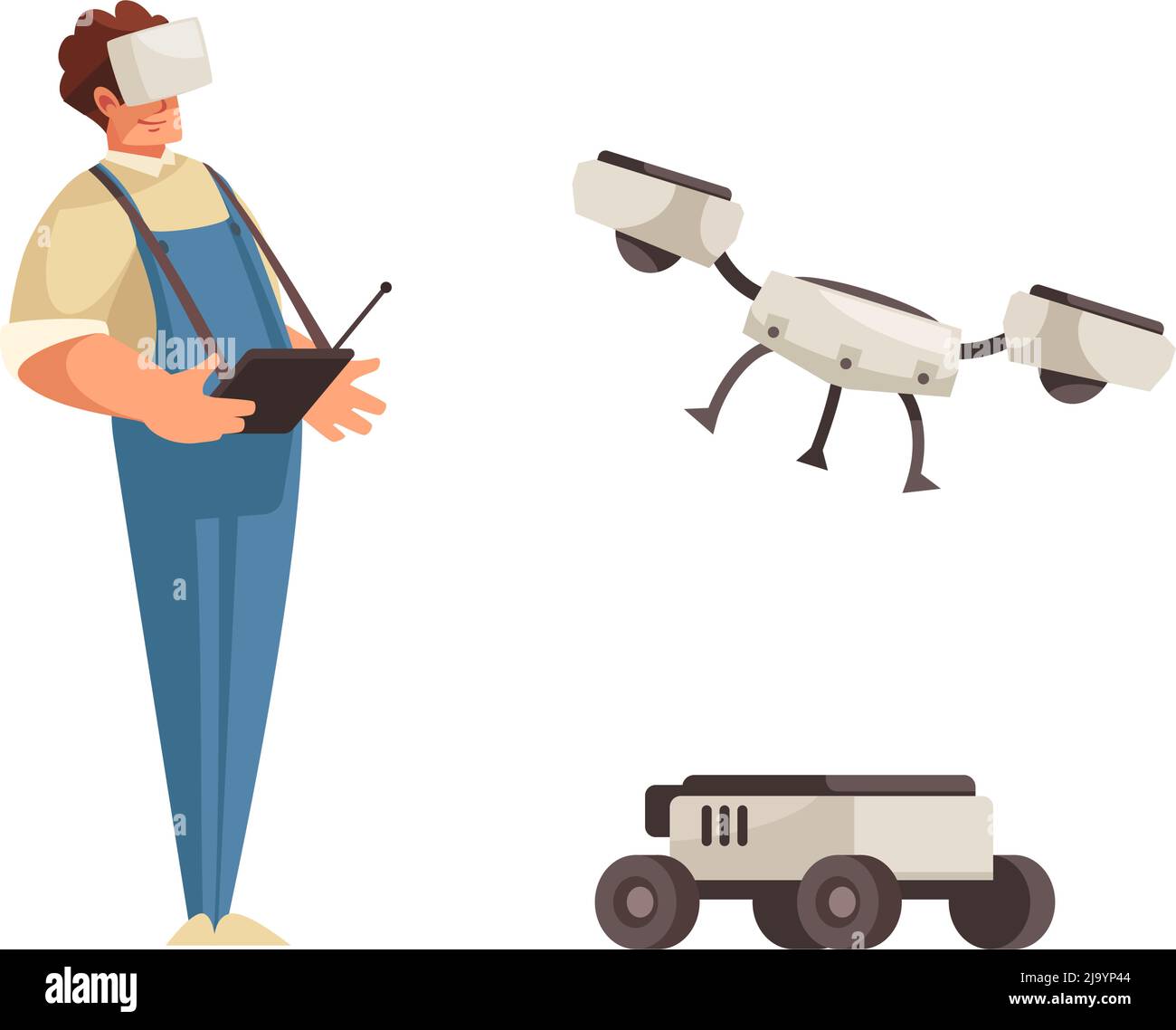Man in uniform controlling flying drone and automatic vehicle flat isolated vector illustration Stock Vector