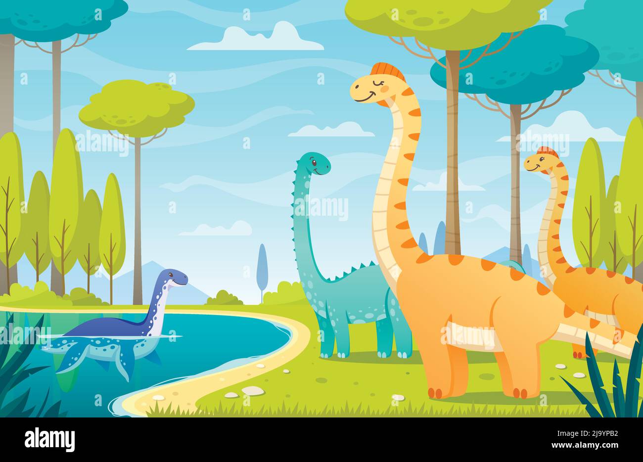 Dinosaurs composition with cartoon characters of dinos in natural