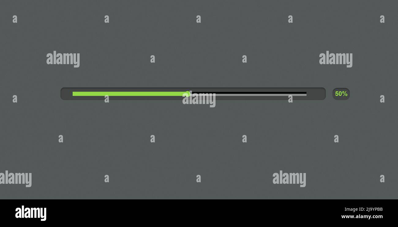 Progress bar with green light, status of loading on gray background, illustration Stock Photo