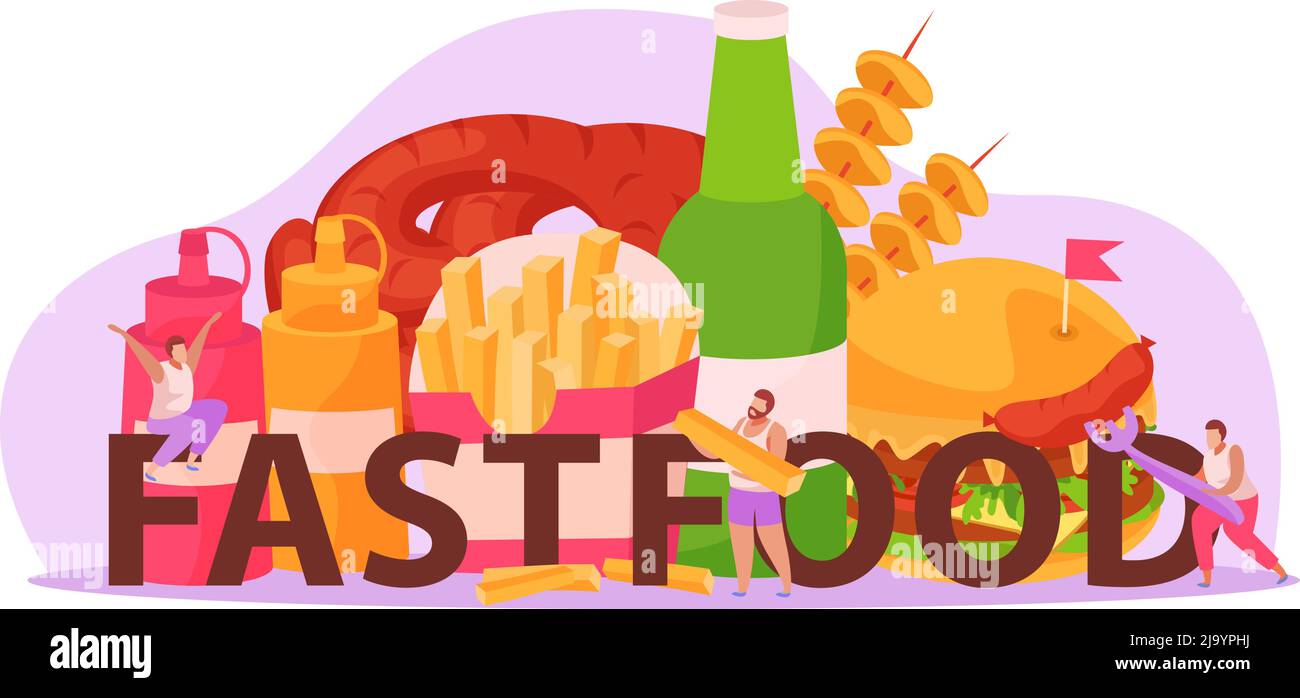 Fast food flat composition with fat men eating burger chips sausages kebab vector illustration Stock Vector