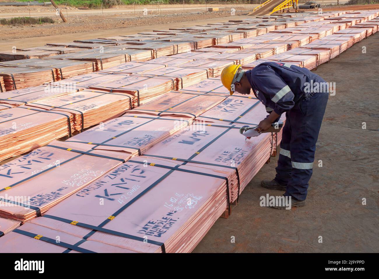 First Quantum, A stack of newly mined copper sheets, FQM, Kansanshi Copper Mine,  Zambia, Africa Stock Photo