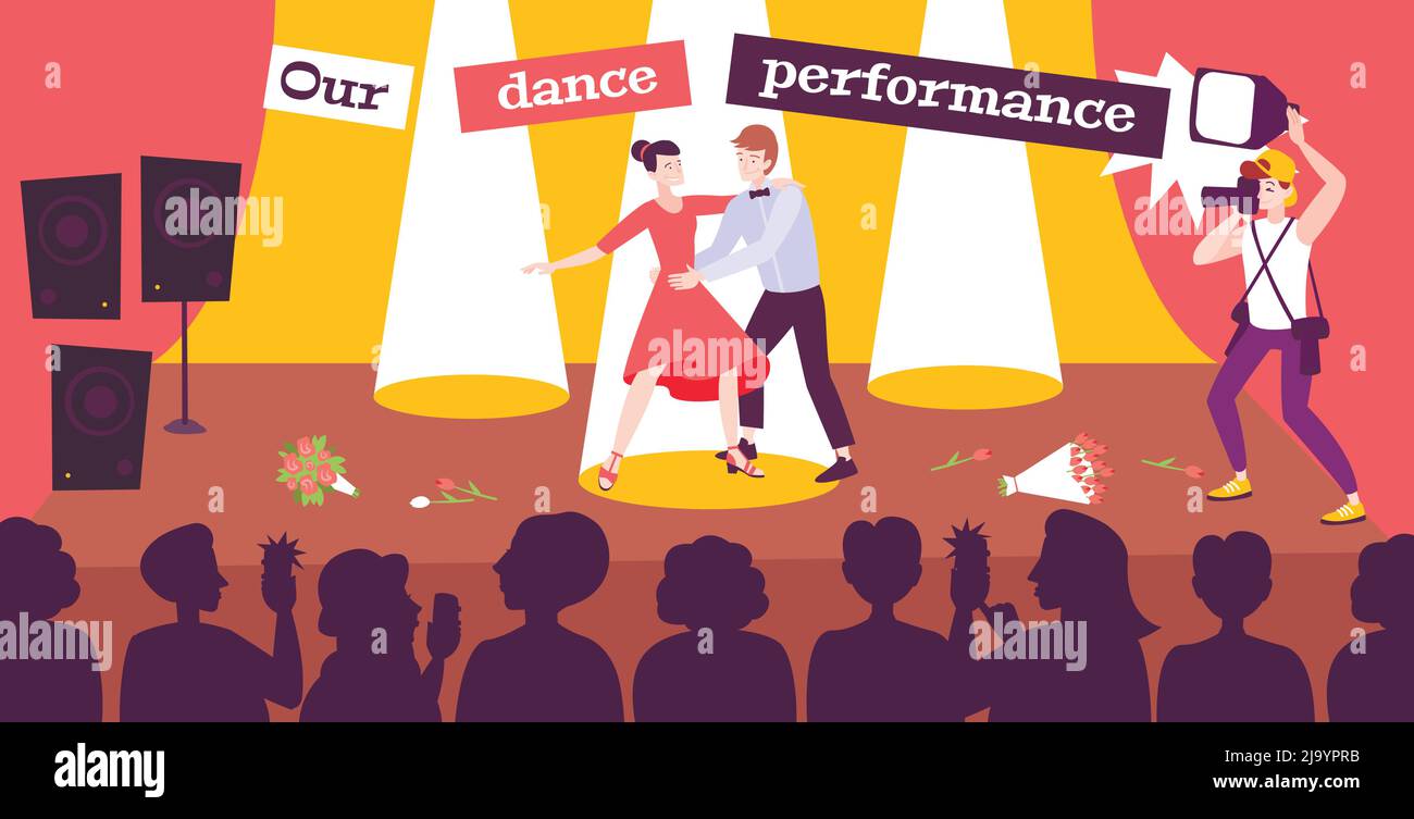 Dance performance in ballroom with guy and girl dancing on auditorium scene in front of   audience flat vector illustration Stock Vector
