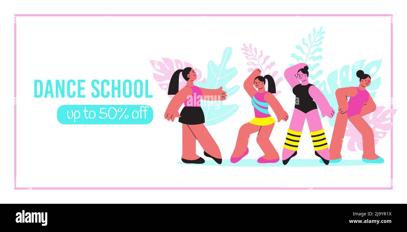 Dance school banner with cartoon female characters of teacher and pupils vector illustration Stock Vector