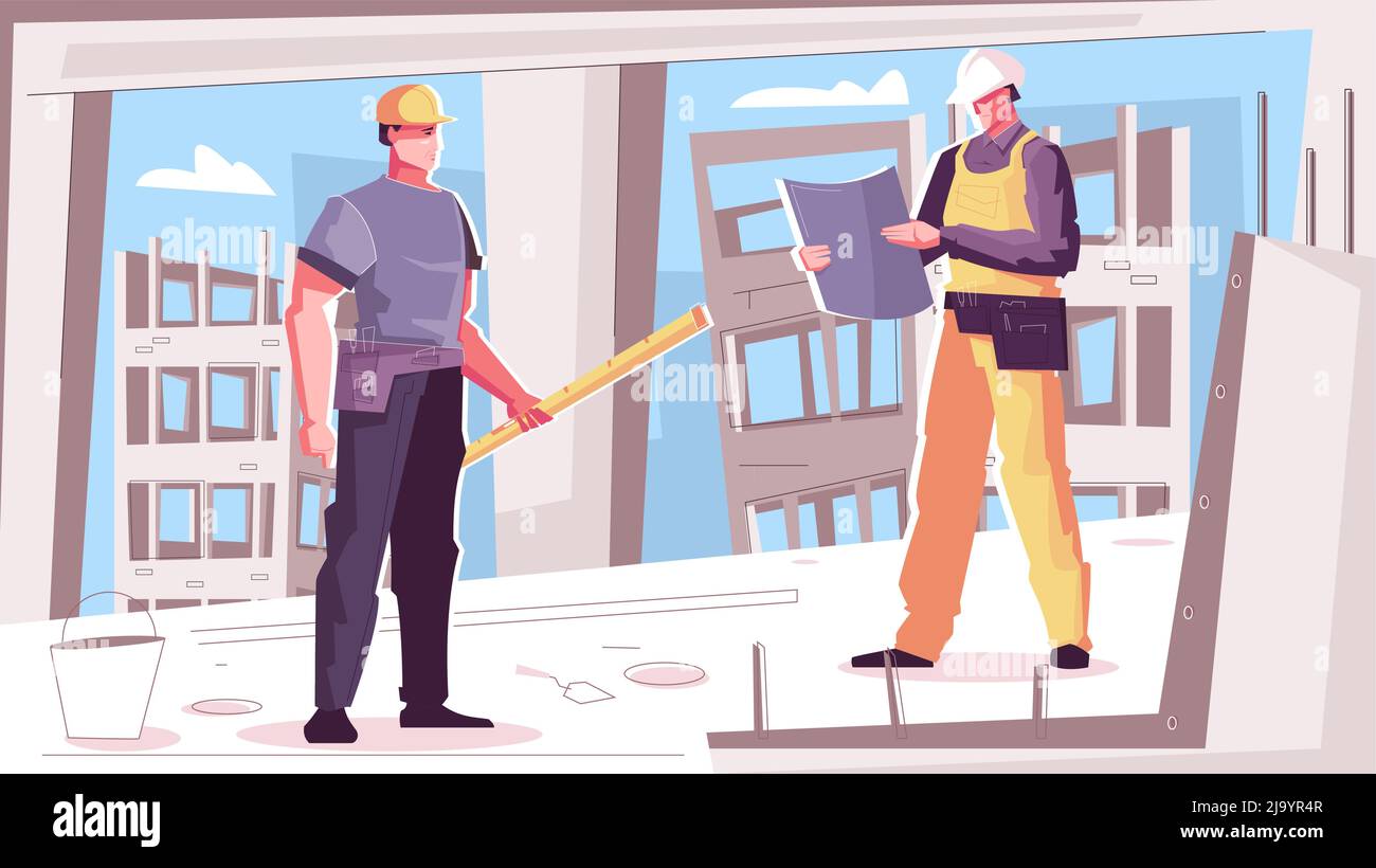 Flat colored new building construction composition two construction workers are reading blueprints vector illustration Stock Vector