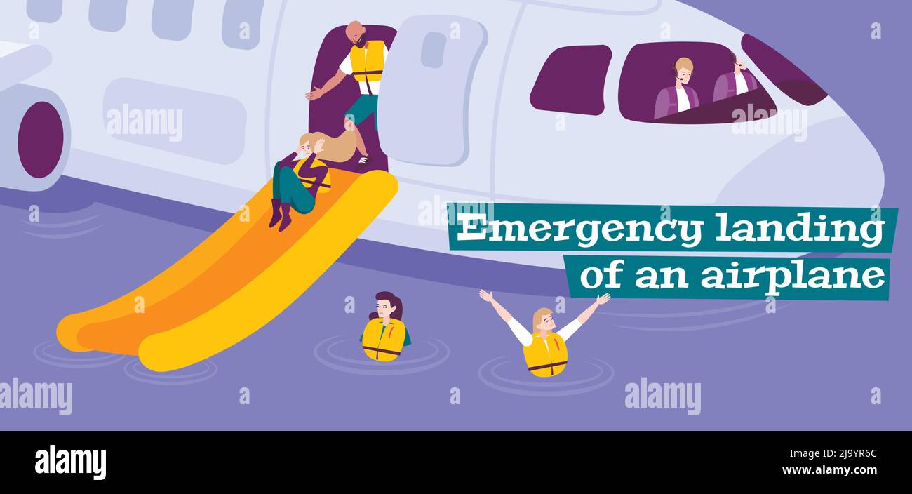 Emergency landing flat background with steward providing evacuation of passengers in life jackets from airplane vector illustration Stock Vector