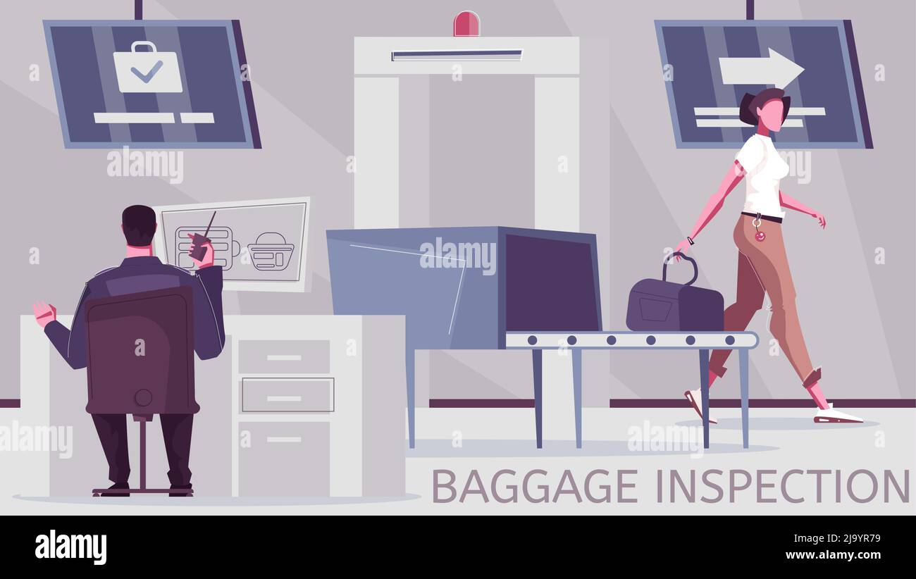 Baggage check flat composition with editable text and border inspection post with equipment for luggage screening vector illustration Stock Vector