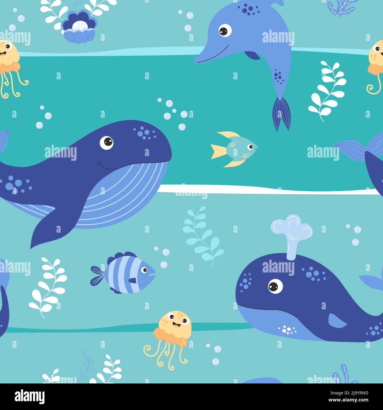 Seamless marine pattern with blue whales and dolphins, fish, jellyfish ...