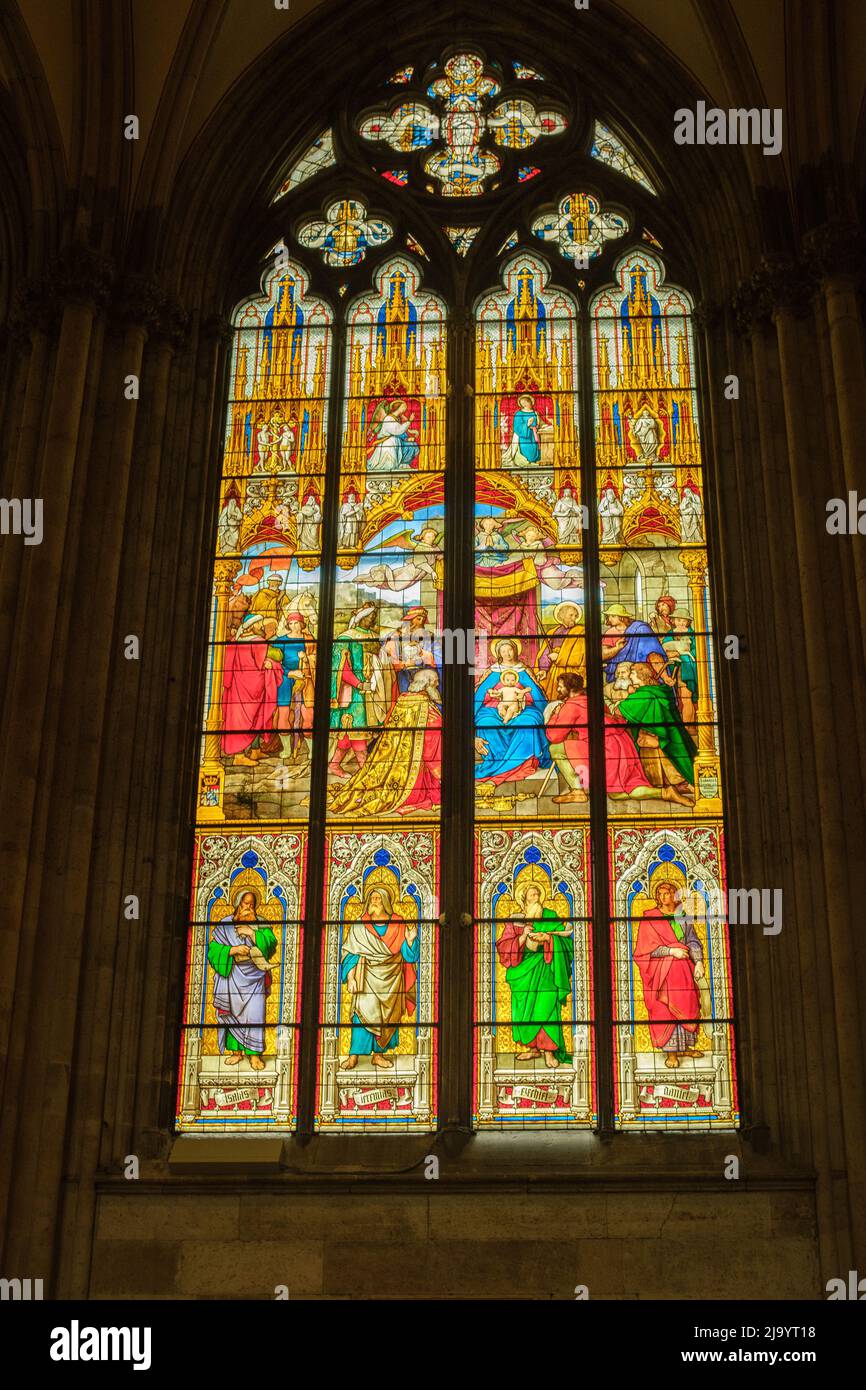 Cologne, Germany May 17, 2022 Interior decorated stained glass