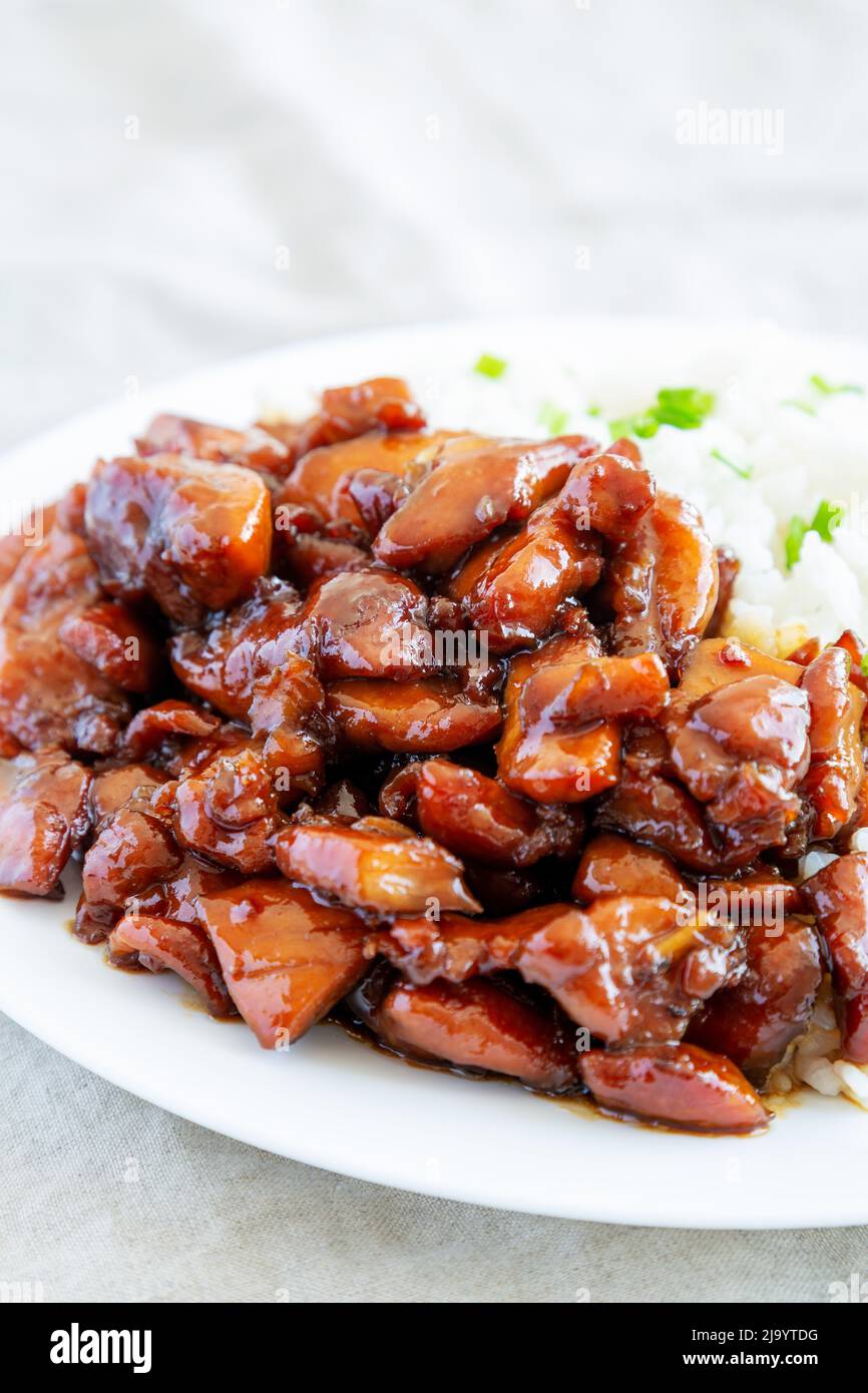 Homemade Teriyaki Chicken with White Rice on A Plate, side view. Closeup Stock Photo Alamy