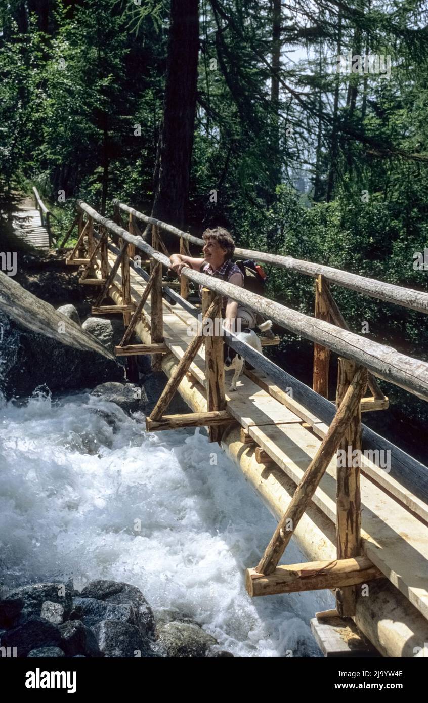 Ascent to the Glacier des Bossons. A wooden bridge leads over the roaring melt water of the glacier. Chamonix Mont Blanc, France, 1990 Stock Photo