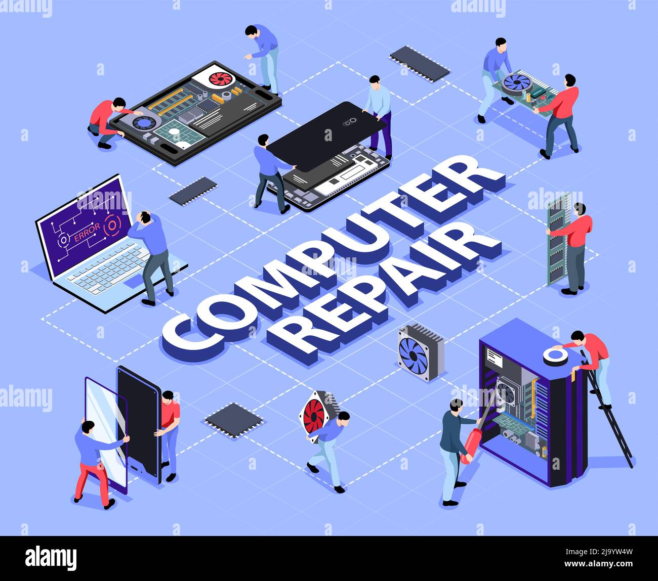 Laptop computer tablet smartphone repair support service isometric