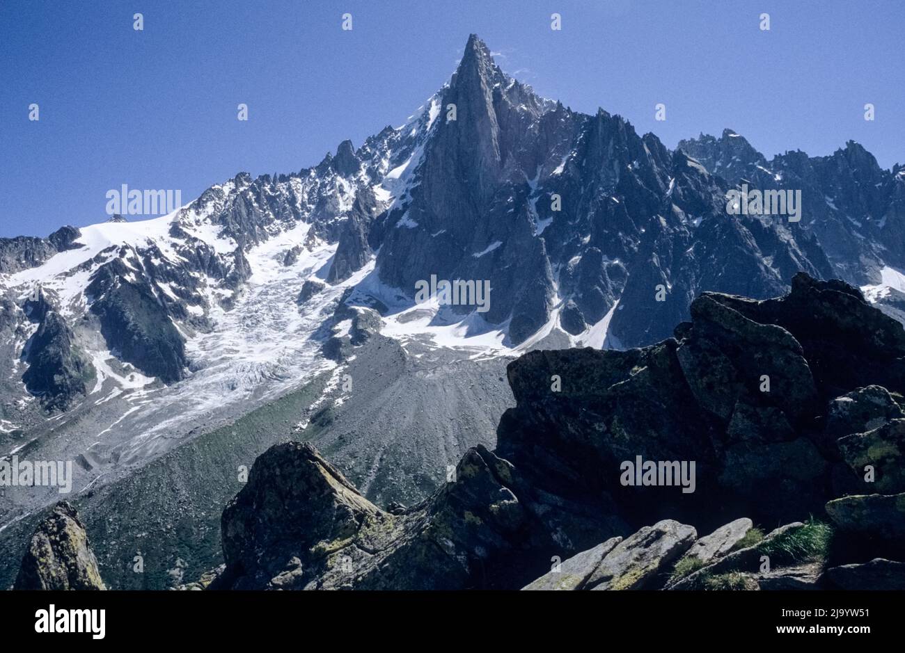 Aiguilles du Drus from the hiking trail from Plan d'Aiguille to Montenvers. Grand Balcon Nord, Chamonix, France,1990 Stock Photo