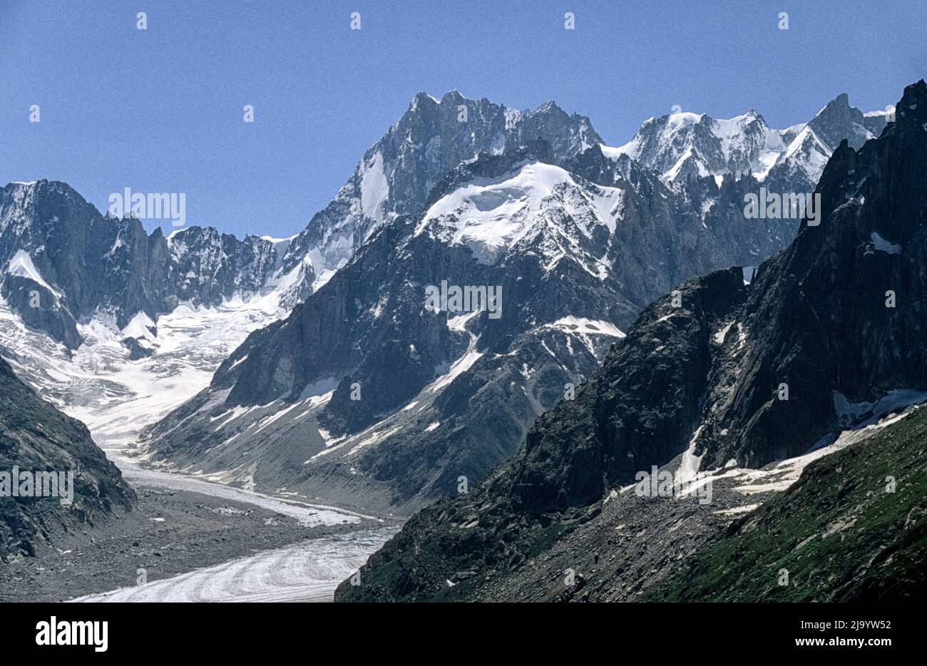 Mer de Glace with Grandes Jorasses and Aiguille du Tacul from the Plan d'Aiguille to Montenvers hiking trail. Grand Balcon Nord, Chamonix, France,1990 Stock Photo