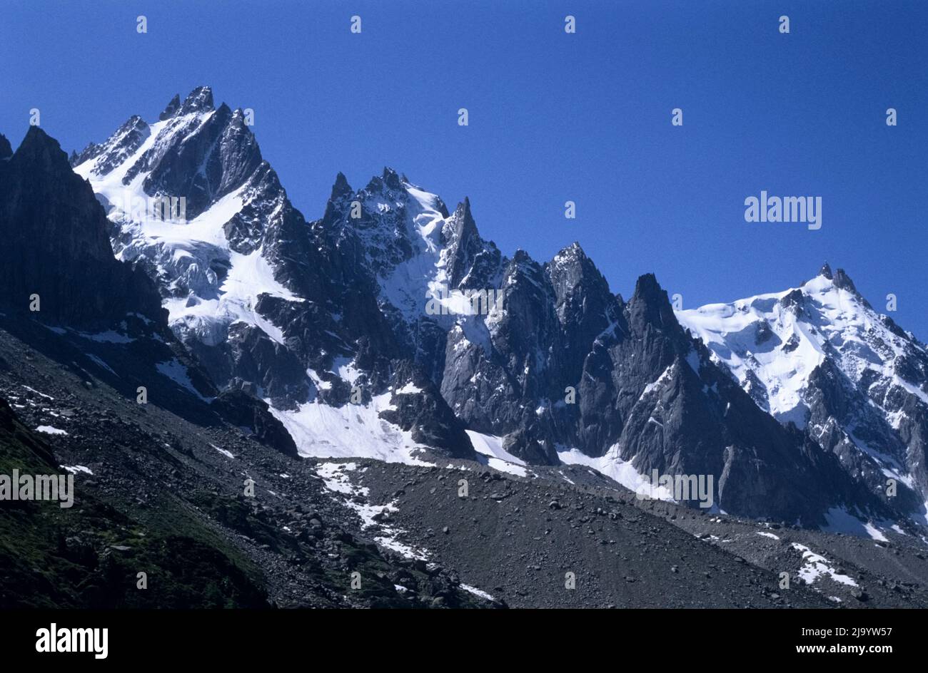 On Grand Balcon Nord, The Aiguilles de Chamonix with Aiguilles du Midi from Plan d'Aiguille to Montenvers hiking trial, Chamonix, France,1990 Stock Photo