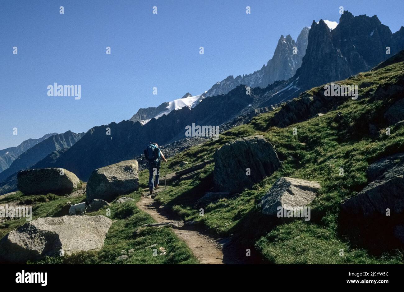 A man with a heavy backpack walks on the hiking trail from Plan d'Aiguille to Montenvers. Chamonix Mont Blanc, France, 1990 Stock Photo
