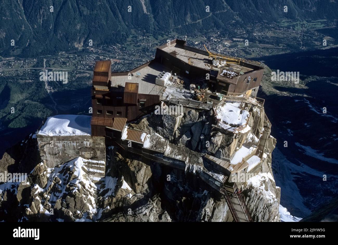 View from the Aiguille du Midi top station of the cable car from the viewing platform. Chamonix Mont Blanc, France, 1990 Stock Photo