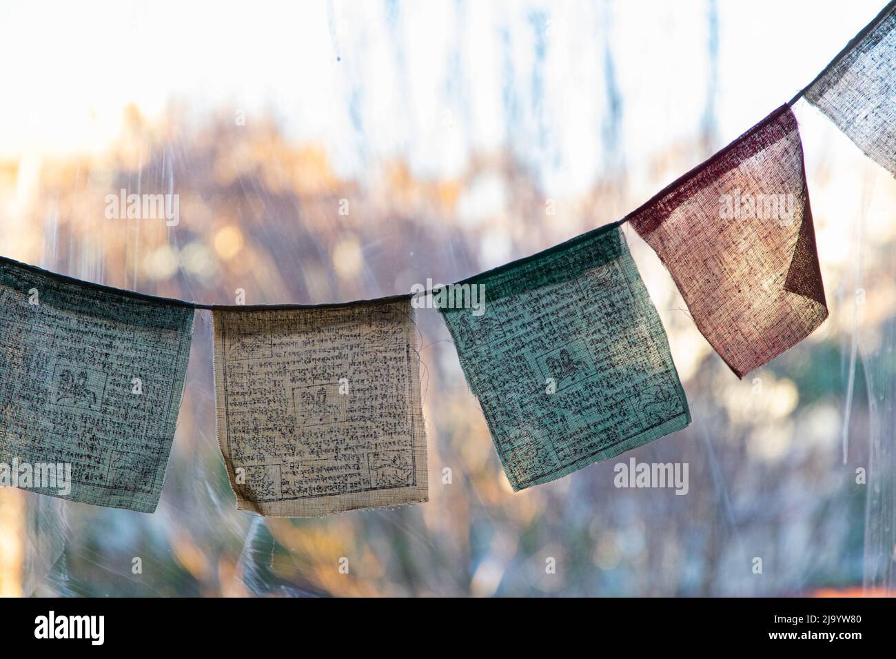 A close up of colorful tibetan flags Stock Photo