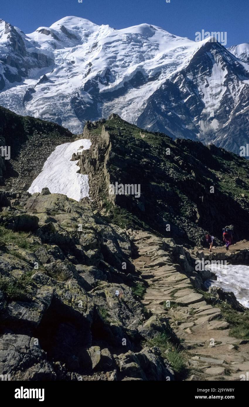 Mont Blanc and its glaciers seen from the GR 5 Tour du Mont-Blanc from Brévent to Bel Lachat, Chamonix-Mont-Blanc, France, 1990 Stock Photo